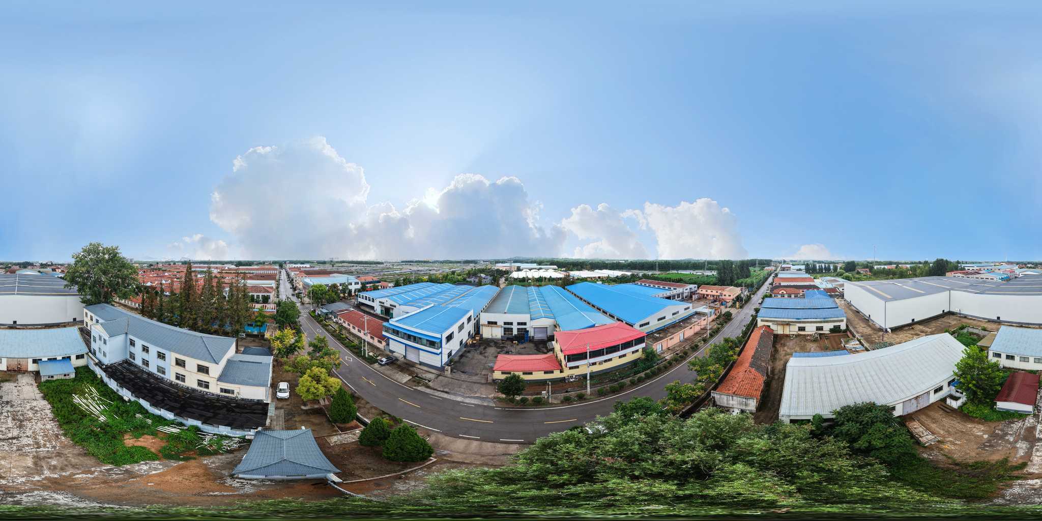 Aerial view of paper production buildings
