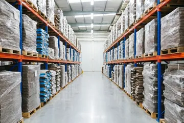 Warehouse shelves with packaged paper